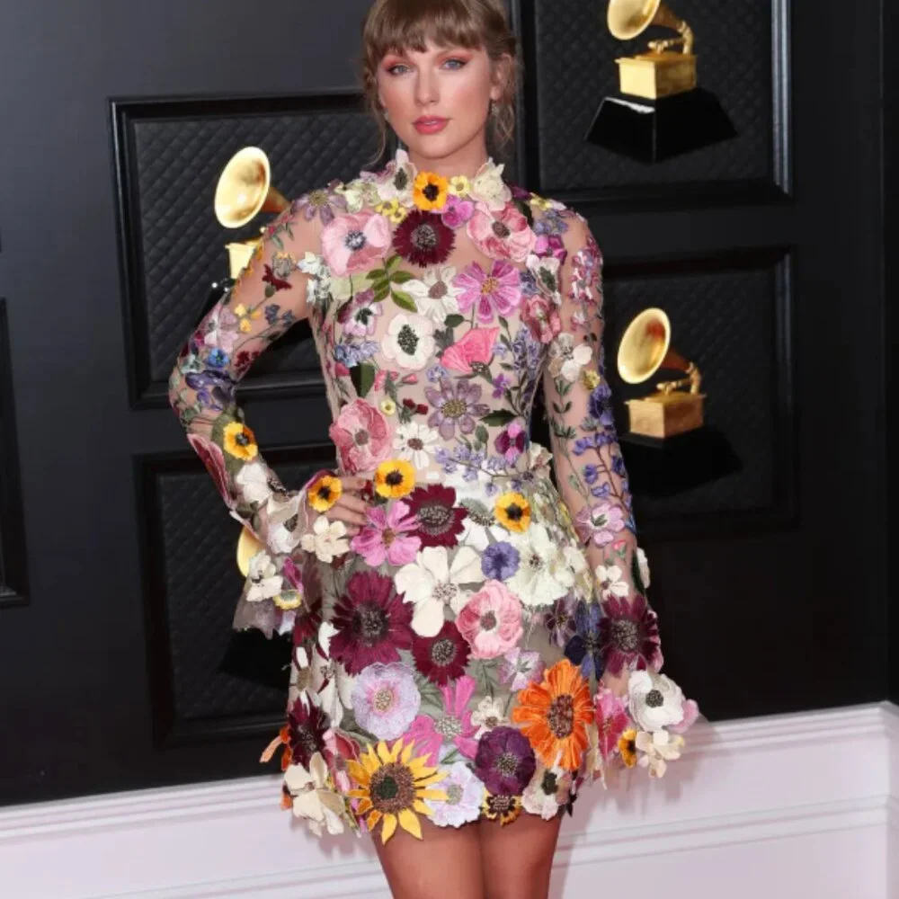 Inspired by Taylor Swift's Floral Appliqué Grammy Dress! Boho Mini Fairycore SM - Picture 2 of 16